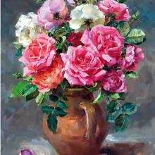 Roses in a Stoneware Jug -  Blank or Birthday Card by Anne Cotterill