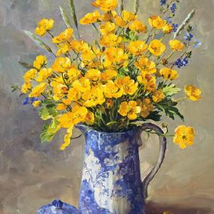 Buttercups in a Blue and White Coffee Pot