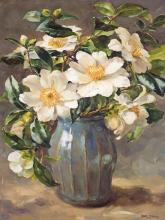 Fully bloomed white camellias with their rich green foliage painted in a ridged green glazed vase.